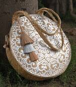 sisal baked beige & silver mandala printed jute tote bag