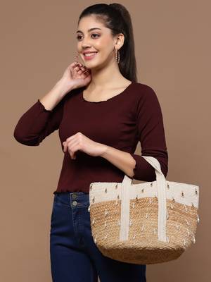 sisal baked beige & white colourblocked & embellished jute handheld bag 2