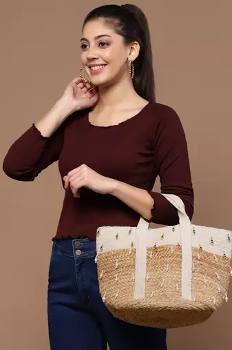 sisal baked beige & white colourblocked & embellished jute handheld bag