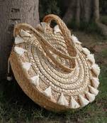 sisal baked beige & white mandala embellished jute tote bag