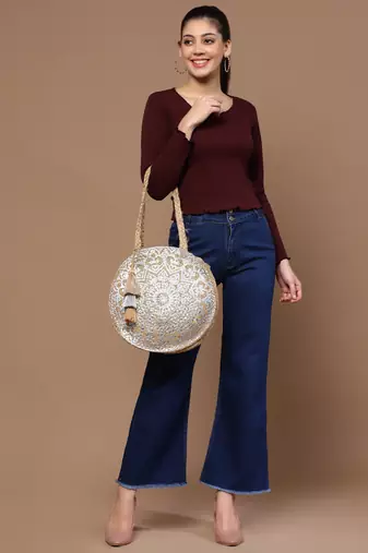 sisal baked beige & silver mandala printed jute tote bag