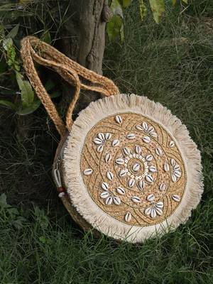 sisal baked beige & white mandala embellished jute tote bag 1