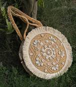 sisal baked beige & white mandala embellished jute tote bag