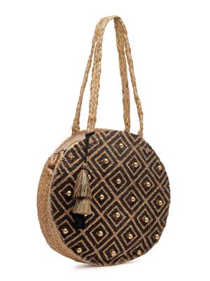 sisal baked beige & black harlequin printed & embellished jute shoulder bag 5