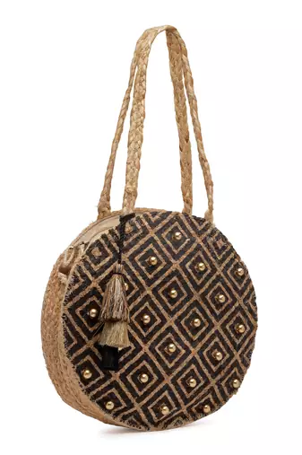 sisal baked beige & black harlequin printed & embellished jute shoulder bag