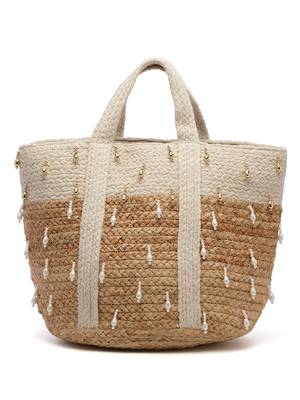 sisal baked beige & white colourblocked & embellished jute handheld bag 3