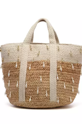 sisal baked beige & white colourblocked & embellished jute handheld bag