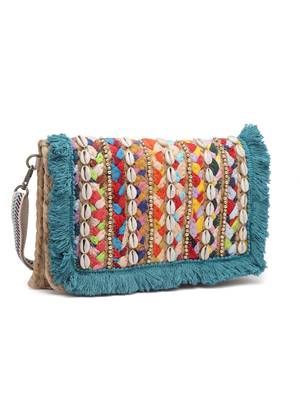 sisal baked beige, turquoise blue & multi striped & embellished jute sling bag 5