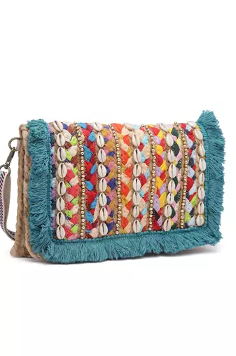 sisal baked beige, turquoise blue & multi striped & embellished jute sling bag
