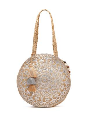 sisal baked beige & silver mandala printed jute tote bag 3