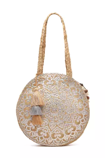 sisal baked beige & silver mandala printed jute tote bag