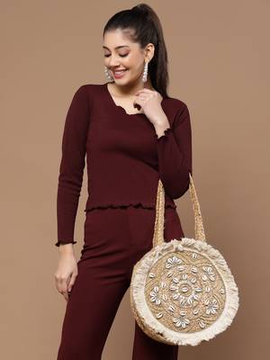 sisal baked beige & white mandala embellished jute tote bag 2