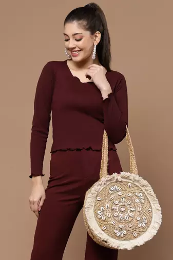 sisal baked beige & white mandala embellished jute tote bag