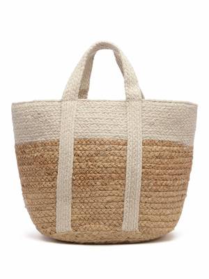 sisal baked beige & white colourblocked & embellished jute handheld bag 4