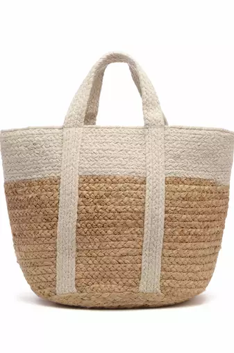 sisal baked beige & white colourblocked & embellished jute handheld bag
