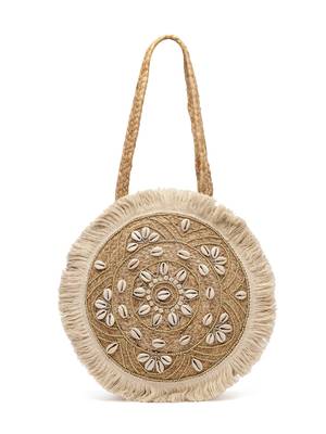 sisal baked beige & white mandala embellished jute tote bag 3