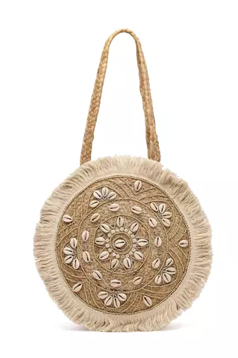 sisal baked beige & white mandala embellished jute tote bag
