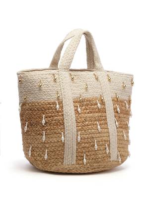 sisal baked beige & white colourblocked & embellished jute handheld bag 5