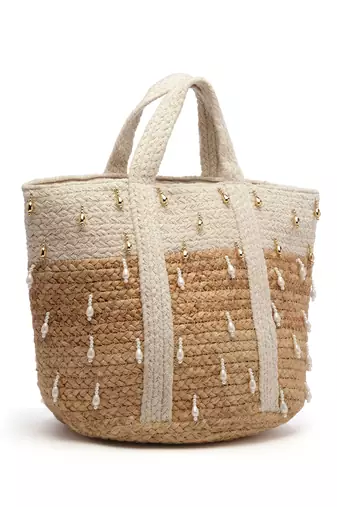 sisal baked beige & white colourblocked & embellished jute handheld bag