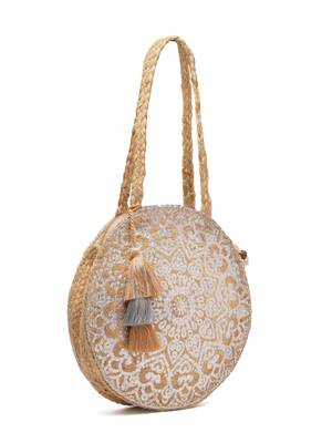sisal baked beige & silver mandala printed jute tote bag 5