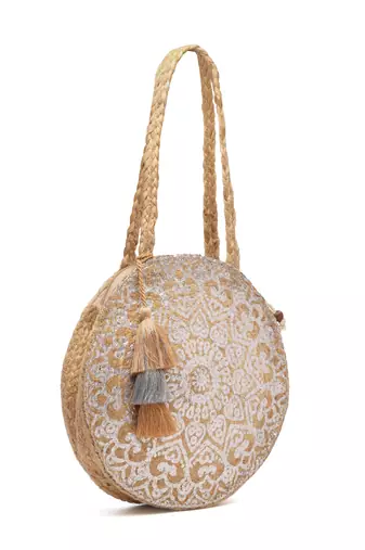 sisal baked beige & silver mandala printed jute tote bag