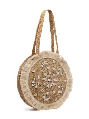 sisal baked beige & white mandala embellished jute tote bag 5