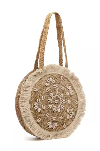 sisal baked beige & white mandala embellished jute tote bag