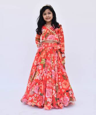 Red Floral Printed Lehenga Choli For Girls 1