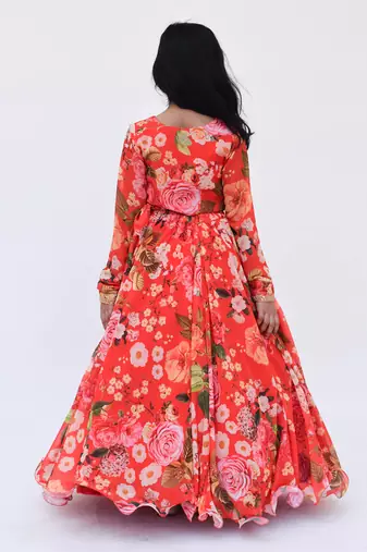 Red Floral Printed Lehenga Choli For Girls