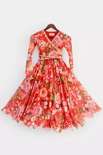 Red Floral Printed Lehenga Choli For Girls