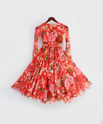 Red Floral Printed Lehenga Choli For Girls 4