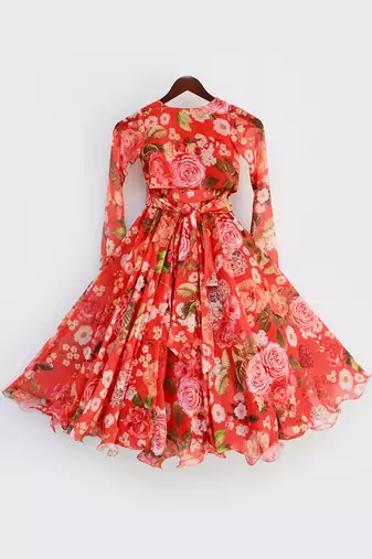 Red Floral Printed Lehenga Choli For Girls