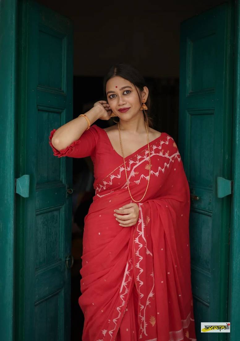 Red Cotton Handloom designer saree 