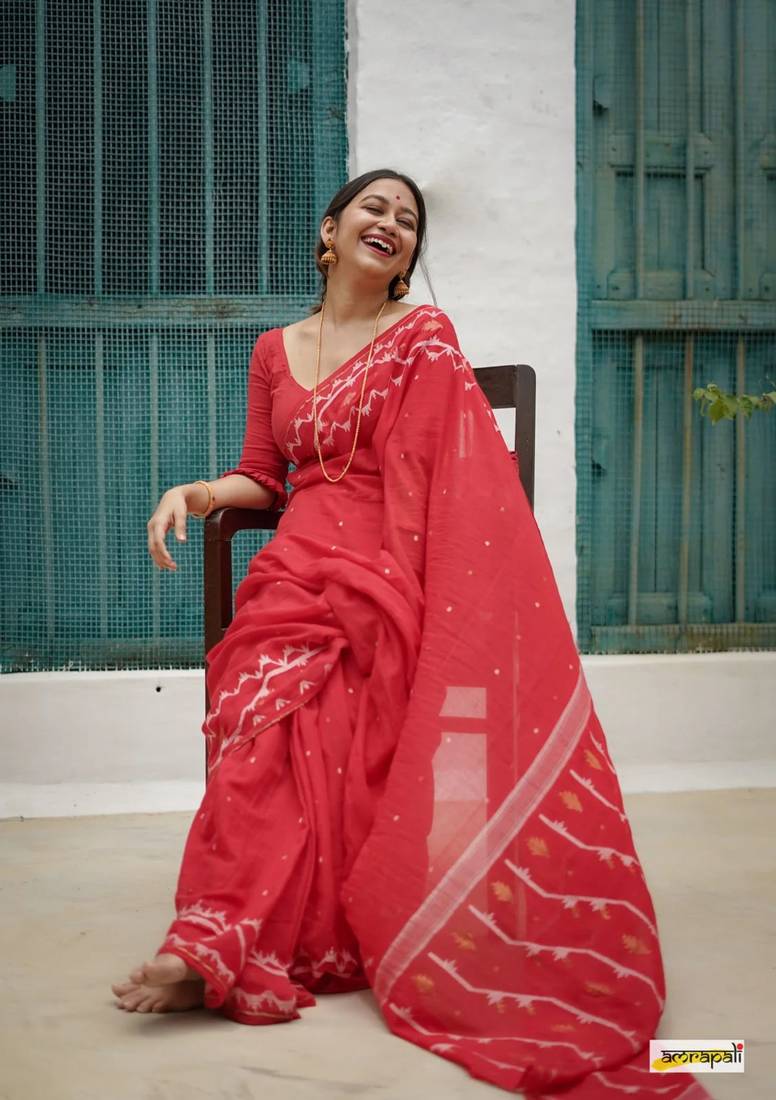 Red Cotton Handloom designer saree 