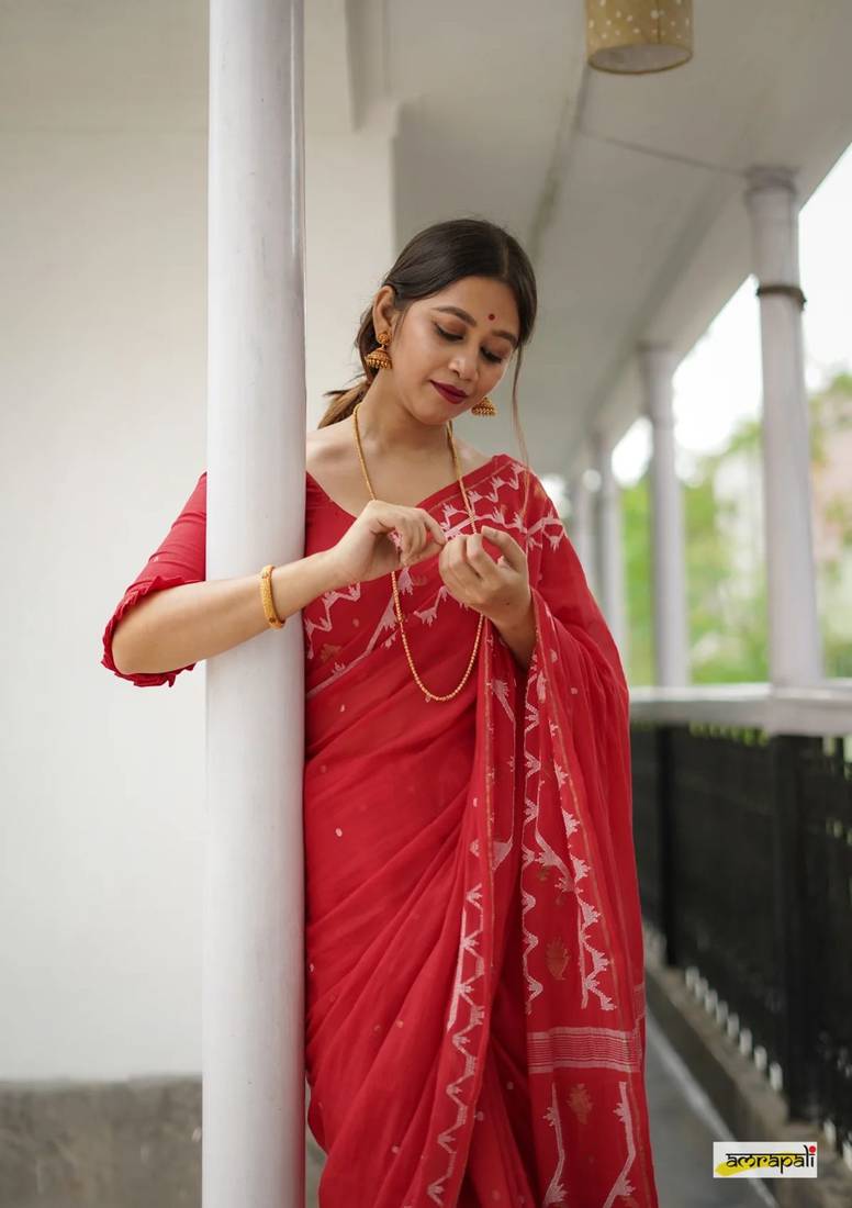 Red Cotton Handloom designer saree 