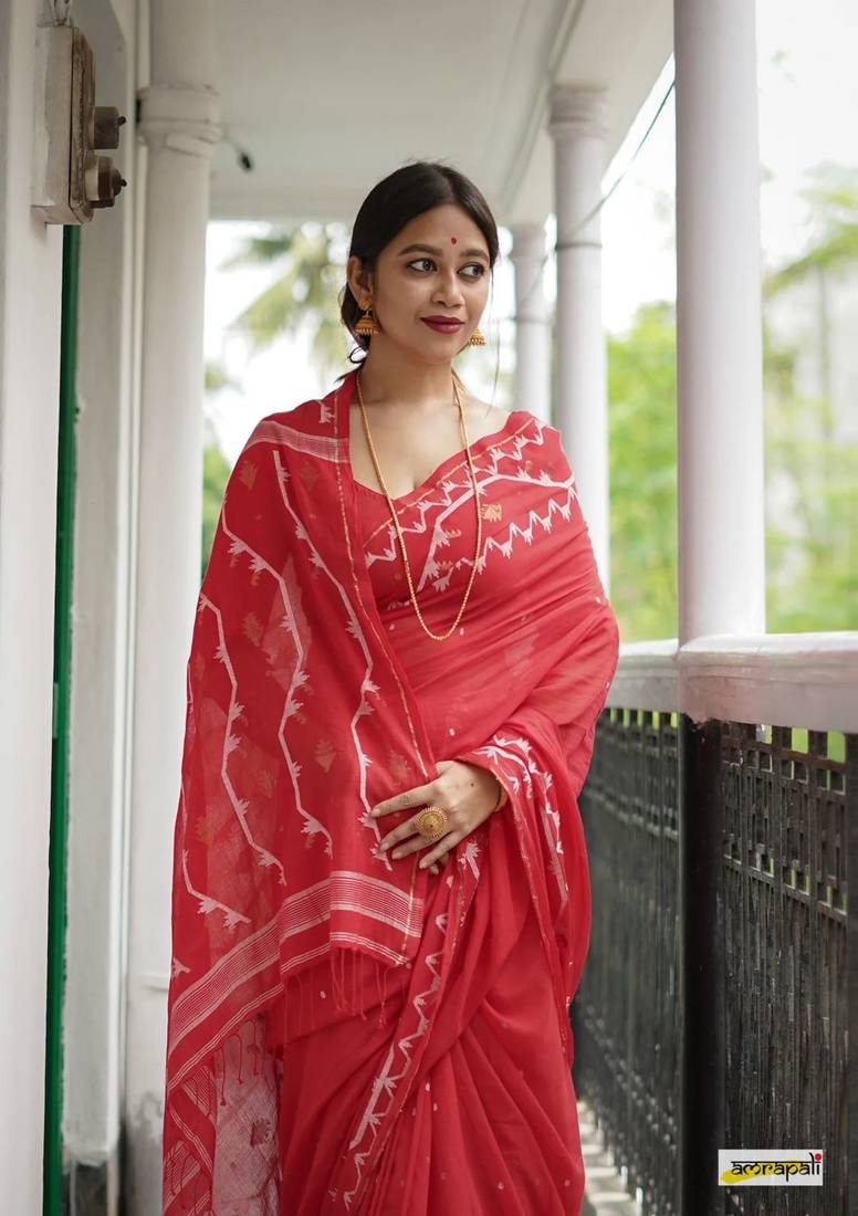 Red Cotton Handloom designer saree 