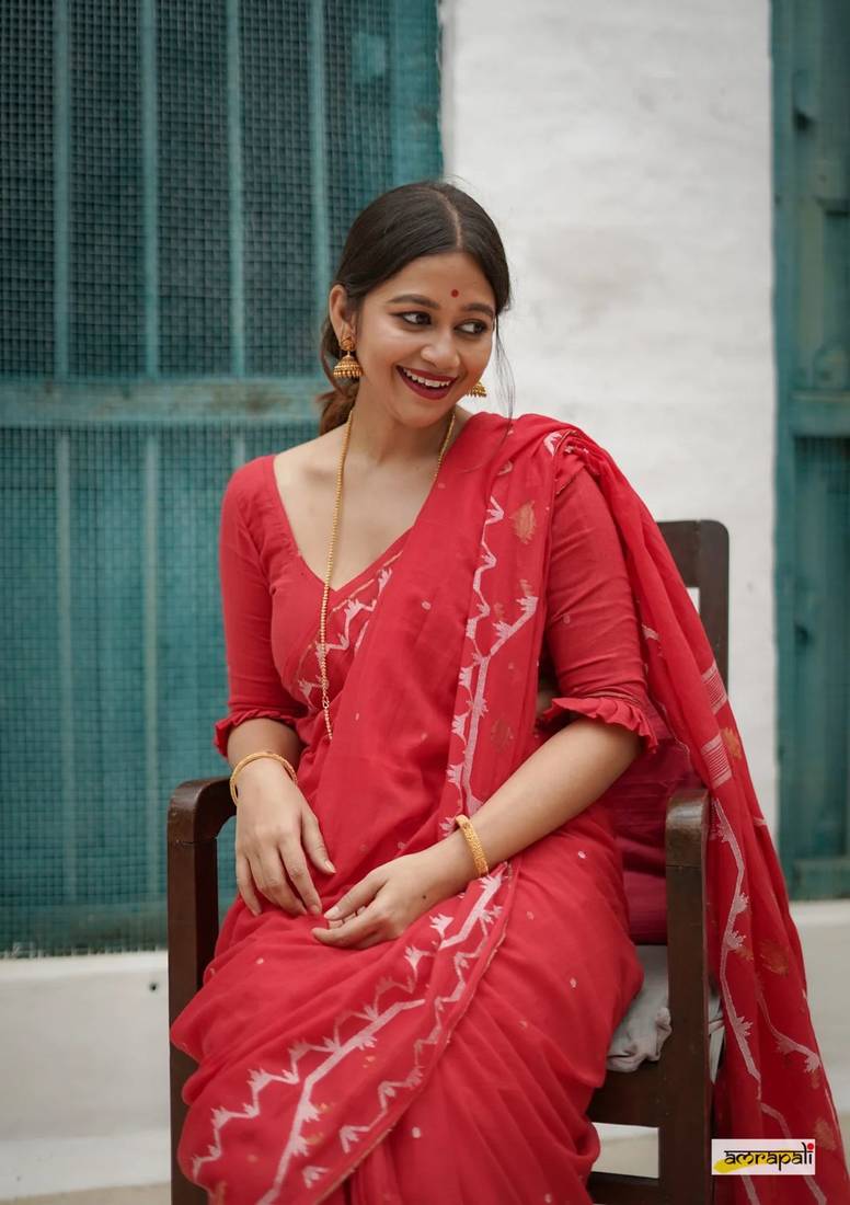Red Cotton Handloom designer saree 