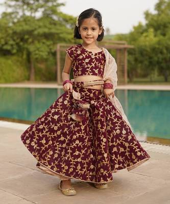 Wine Embroidery Velvet Lehenga Choli and Dupatta 1
