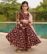 Wine Embroidery Velvet Lehenga Choli and Dupatta