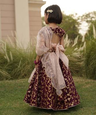 Wine Embroidery Velvet Lehenga Choli and Dupatta 2