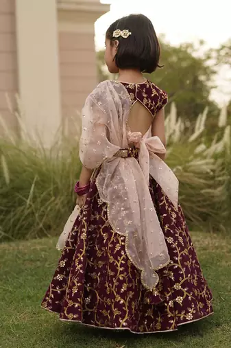 Wine Embroidery Velvet Lehenga Choli and Dupatta
