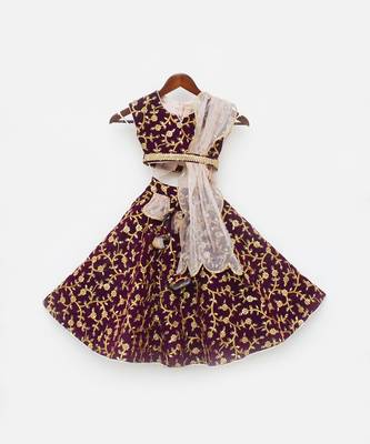 Wine Embroidery Velvet Lehenga Choli and Dupatta 3