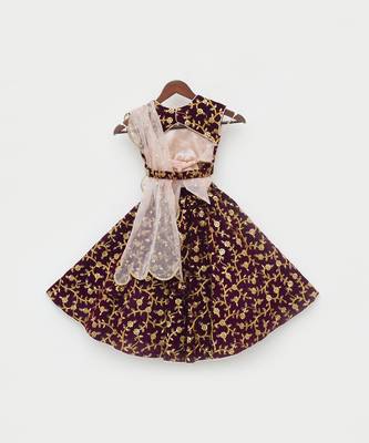 Wine Embroidery Velvet Lehenga Choli and Dupatta 4