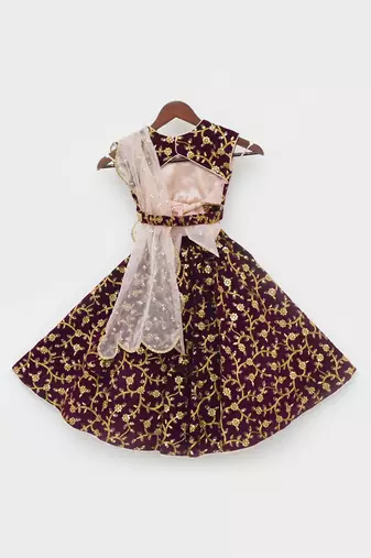 Wine Embroidery Velvet Lehenga Choli and Dupatta