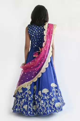 Pink Georgette Print Kurti And Yellow Ghagraa Dupatta