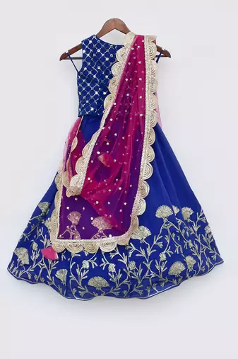 Pink Georgette Print Kurti And Yellow Ghagraa Dupatta
