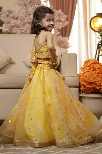Yellow Printed Organza Lehenga Choli And Dupatta