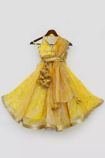 Yellow Printed Organza Lehenga Choli And Dupatta