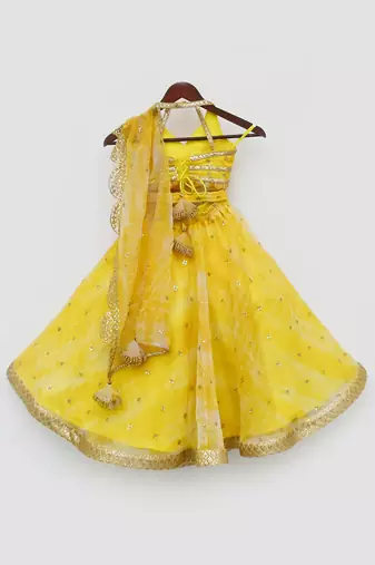 Yellow Printed Organza Lehenga Choli And Dupatta