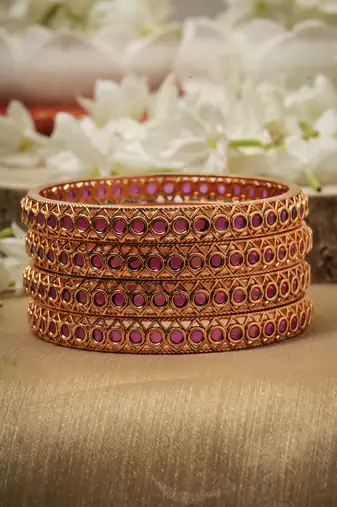 Set of 4 Bangles with Round Pink Stones